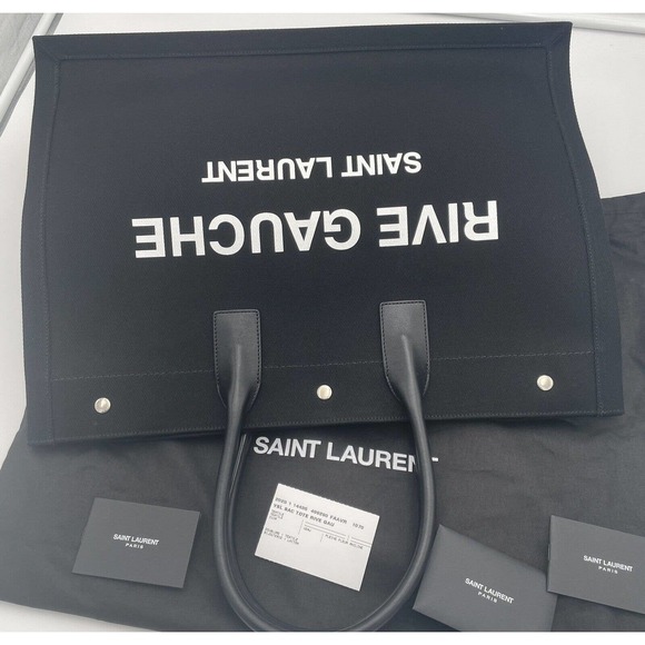 $1990 NEW YSL Saint Laurent LARGE Rive Gauche Black Summer Linen Tote Beach Bag - Picture 6 of 12